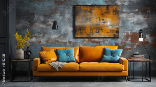 Colorful sofa against of concrete wall with grunge tiled paneling. Loft interior design of modern living room