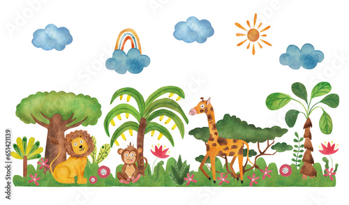 Jungle. Watercolor illustration in cartoon style. Watercolor landscape palms  trees  bushes giraffe  monkey  lion. Horizontal landscape.