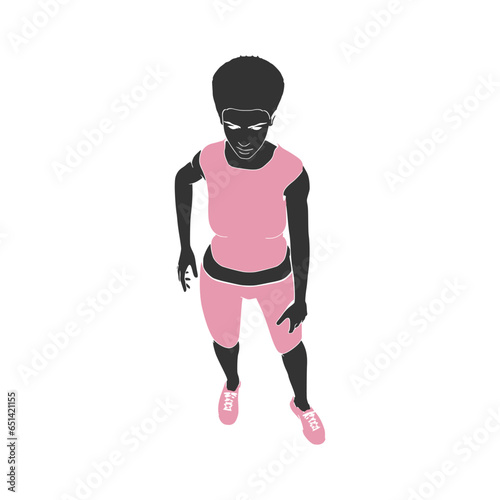 Standing afro american woman. Sport girl illustration. Casual sportwear - t-shirt, breeches and sneakers. Young woman wearing workout clothes. Sport fashion girl outline in urban casual style.