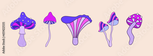 Groovy mushrooms. Abstract vintage elements. Hippie vector illustration in flat cartoon style. Psychedelic funky funguses