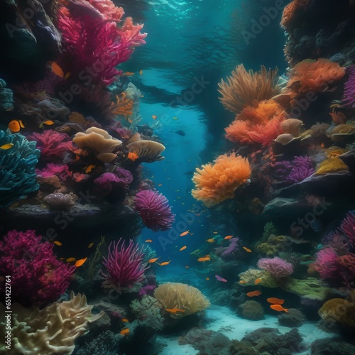 A lush underwater garden filled with vibrant, bioluminescent coral and fantastical sea creatures3