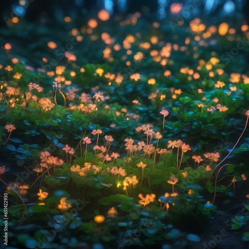 A field of glowing, bioluminescent clovers that respond to the presence of fairies with a radiant, choreographed dance1 photo