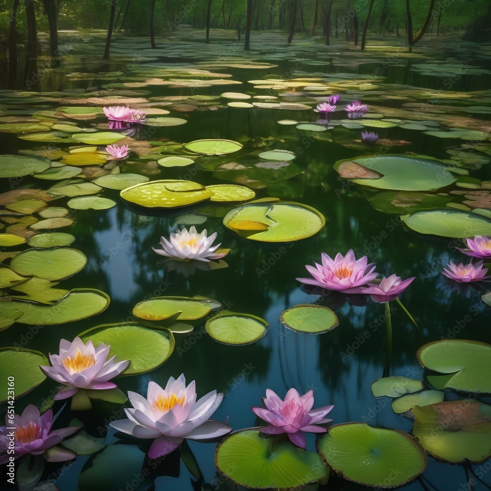 A pond covered in lily pads that bloom into radiant, living mandalas when touched2 A pond covered in lily pads that bloom into radiant, living mandalas when touched2