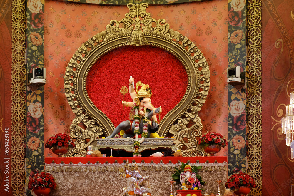19 September 2023, Pune, Maharashtra, India, Beautiful idol of Lord Ganesh installed by Bhausaheb Rangari Ganpati during Ganesh festival 2023.