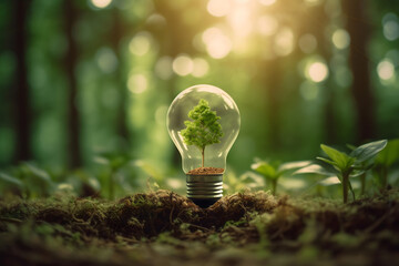 renewable energy light bulb with green energy, Earth Day or environment protection Hands protect forests that grow on the ground and help save the world, solar panels	