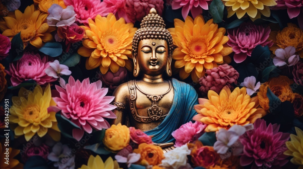 Buddha image, ancient Buddhism surrounded by flowers