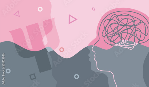 Psychotherapy, stress and psychosis. A man head in profile with a tangled ball of nerves, scribbles symbolizing a depressed state of a person. Psychological help. Personality disorder and depression