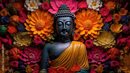 Buddha image, ancient Buddhism surrounded by flowers