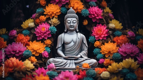 Buddha image  ancient Buddhism surrounded by flowers