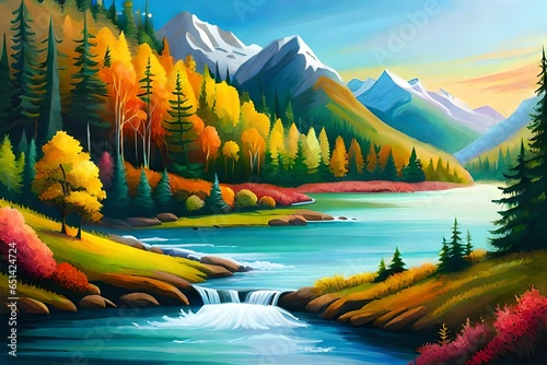 beautiful painting of lake in mountains