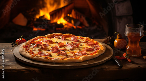 Pizza and beer in front of a fireplace