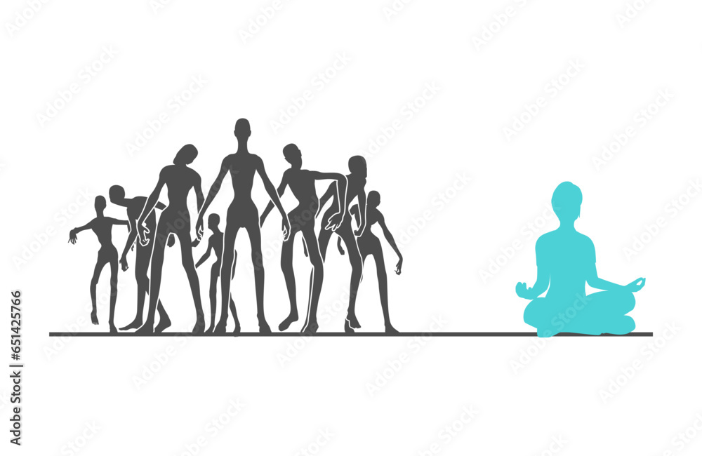 A girl sitting in yoga lotus pose. Happy relaxed female character performing meditation exercise. Group of walking scary monsters. Keep calm concept. Individual opinion