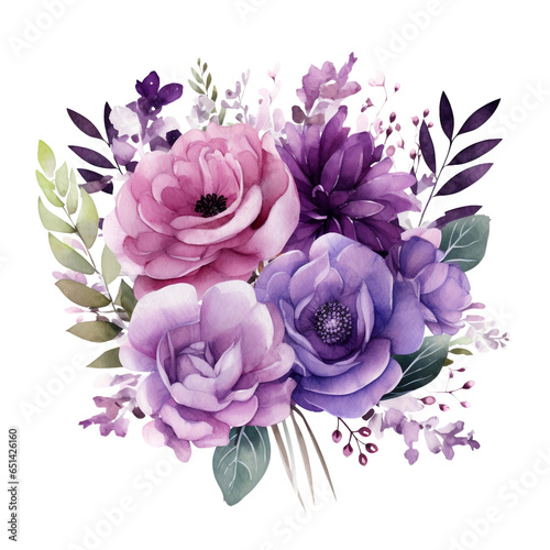 Purple Floral Bouquet  Watercolor Flowers