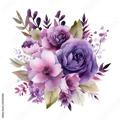 Purple Floral Bouquet  Watercolor Flowers