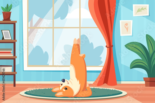 dog doing yoga. sport exercises pilates concept fitness funny happy animal dog doing fitness physical training. vector cartoon charcters in room background.