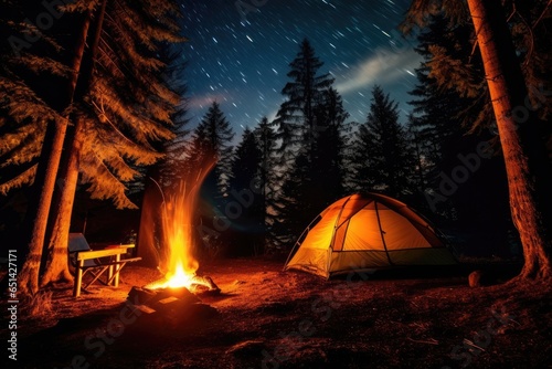 tent in the forest and a fire under the stars