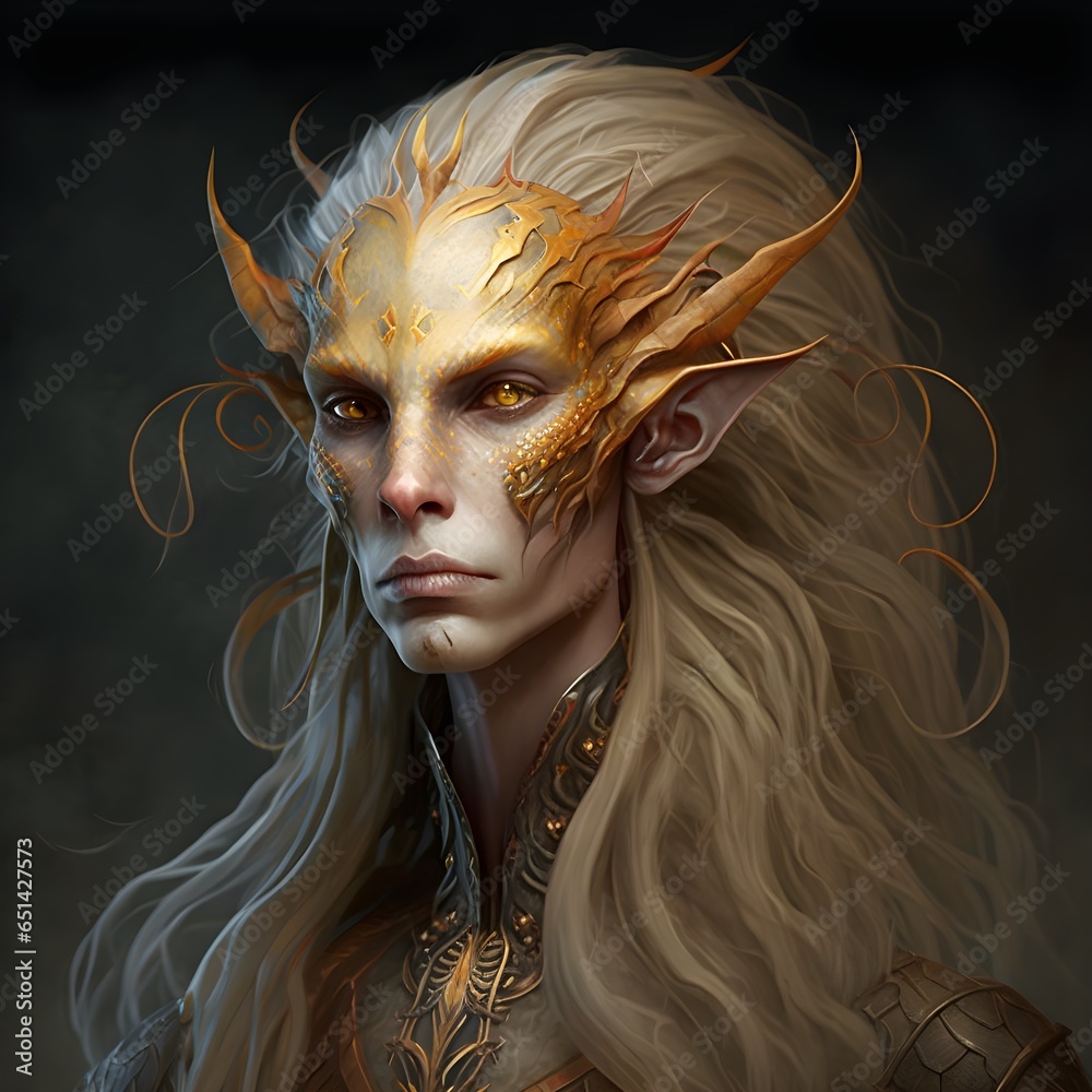 golden skinned elvendragon hybrid humanoid warrior tall thin long ...