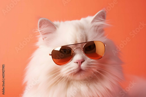 White fluffy cat in sunglasses peach color background
