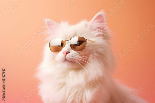 White fluffy cat in sunglasses peach color background, soft pink pastel background
