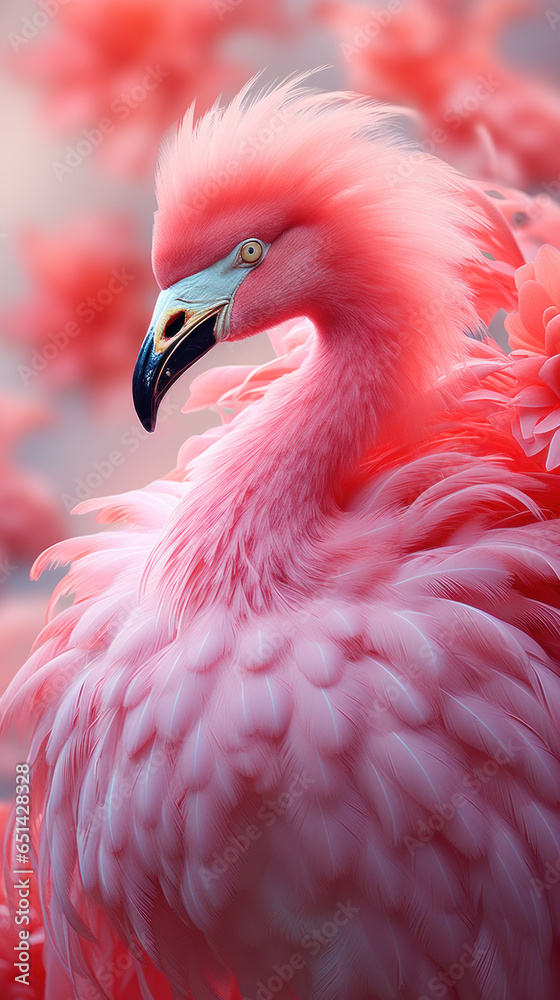 Fototapeta premium Fantastic bird with bright pink plumage, a bird from a fairy tale