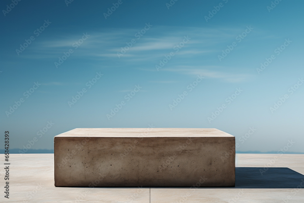 Abstract minimalist podium stage with square pedestals for product presentation against blue sky background