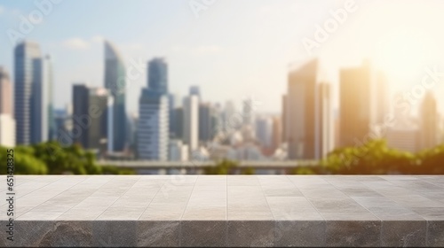empty stone table with blur background of town and high condo and modern building, Advertisement, Print media, Illustration, Banner, for website, copy space, for word, template, presentation