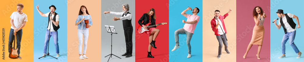Set of people playing musical instruments and singing on color background Set of people playing musical instruments and singing on color background
