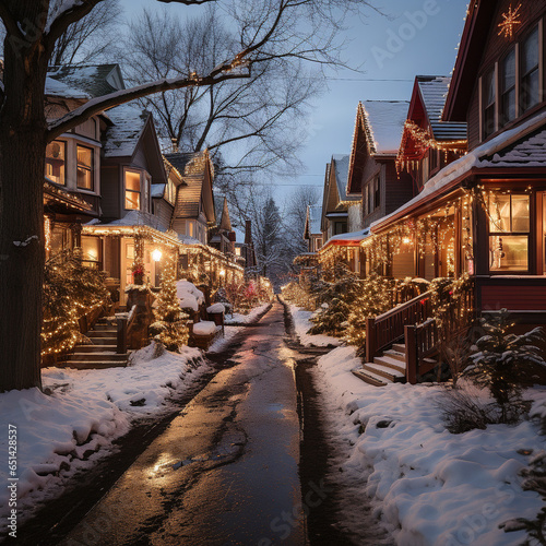 A winter street filled with houses decorated with Christmas lights at night time