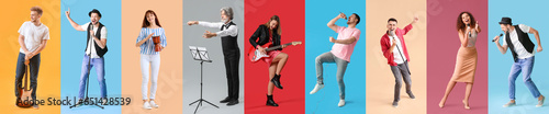 Фотография Set of people playing musical instruments and singing on color background