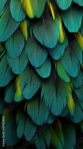 Beautiful colorful background of toucan feathers, backdrop of exotic tropical bird feathers © pundapanda