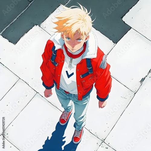 teenager boy walk in very white street teenager have red jacket and blue jean blond hair show of teenager stretches out behind him anime 1990s style top view  photo