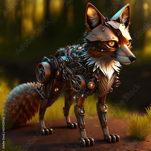 a living mechanical fox with glowing eyes Cartoon Made of metal 
