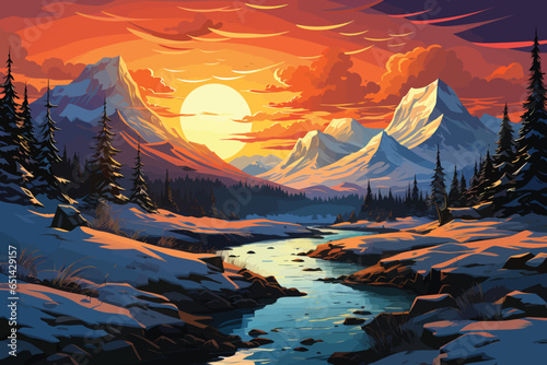 winter landscape with snow and river on sunset