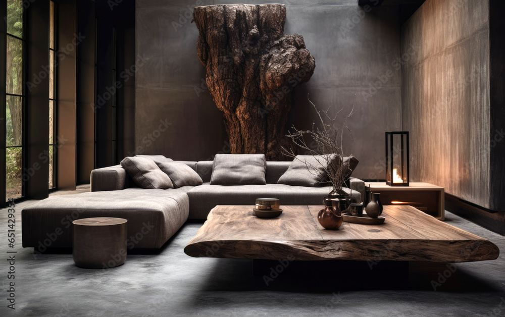 Wabi-sabi style furniture modern interior with including sofa and coffee table. Generative AI