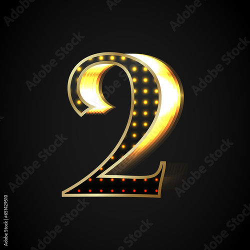 Black number Two is shiny with a golden frame glowing towards the right. Vector object