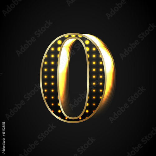 Black number zero is shiny with a golden frame glowing towards the right. Vector object