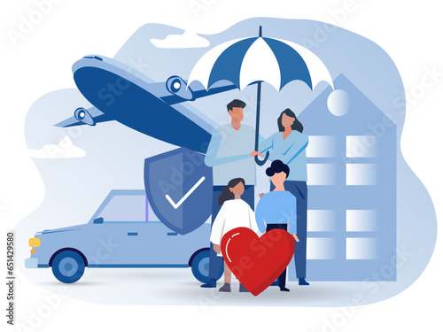 Reliable insurance for people cartoon vector concept. Contented family characters with child is under strong umbrella insurance coverage. Golden shield from danger of fires and plane crashes.