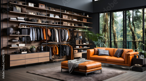 Modern minimalist men walk in wardrobe with clothes hanging on rods, shelves and drawers. Dressing room with space for storing and organizing accessories. Interior design of luxury walk in closet photo