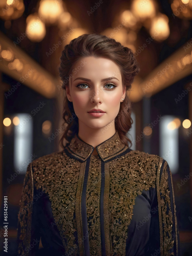 A beautiful young brunette woman in a historic gold dress standing in the hall of a big mansion, beautiful princess in a palace.
