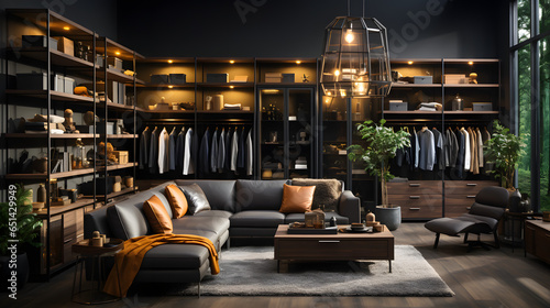 Modern minimalist men walk in wardrobe with clothes hanging on rods, shelves and drawers. Dressing room with space for storing and organizing accessories. Interior design of luxury walk in closet