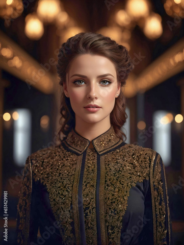 A beautiful young brunette woman in a historic gold dress standing in the hall of a big mansion, beautiful princess in a palace.