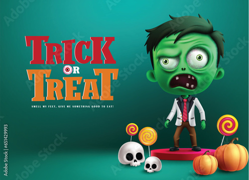 Trick treat text vector design. Halloween zombie character in podium stage for season product display presentation in green background. Vector illustration invitation card design. 