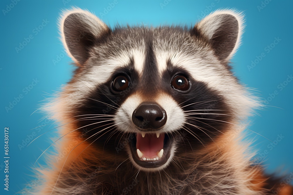Portrait of cute funny raccoon on a pastel background.