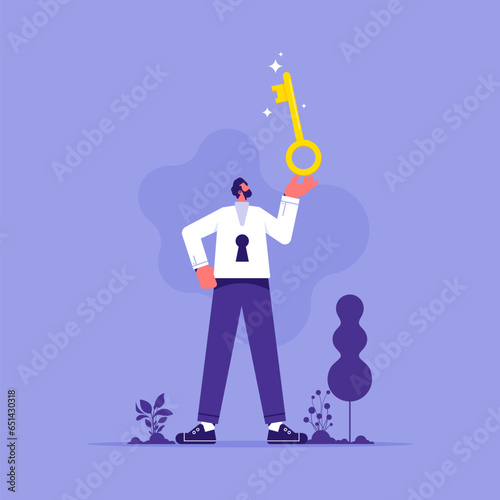 Unlocking your potential go beyond the limits, release negative thoughts, businessman holds a giant key to unlock himself
