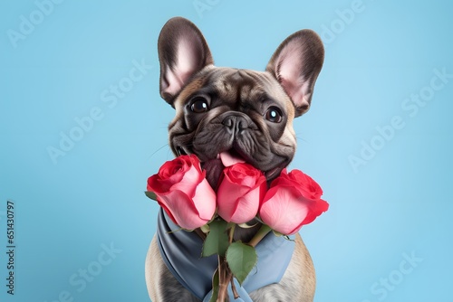 Puppy dog holding rose flower on pastel background for Valentine's Day.