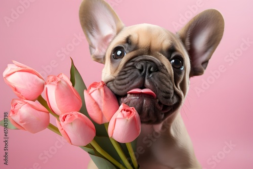 Puppy dog holding tulip flower on pastel background for Valentine's Day.