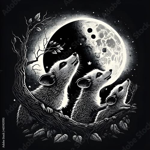 three possums howling at the moon vector detailed screen printing graphic tshirt design 