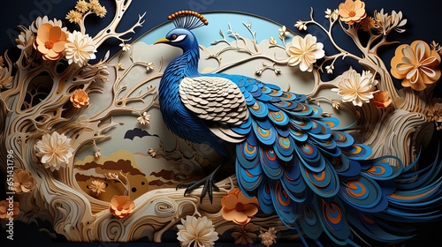 3d modern interior mural painting wall art decor abstraction wallpaper with blue, dark green and golden tropical leaf branches and flowers with feathers peacock bird
