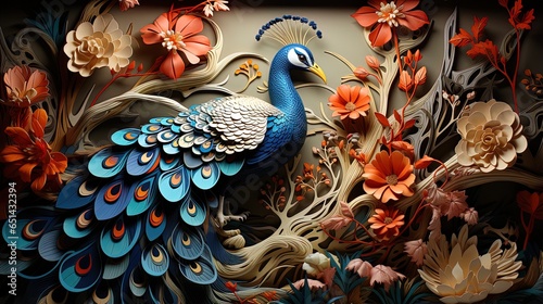 Cute peacock wallpaper. colorful flowers 3d mural background. wall canvas poster art
