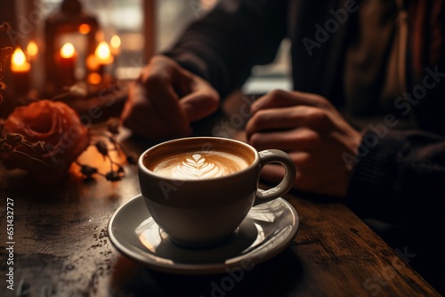 Closeup photo of a cup of coffee and hands of the person having the coffee